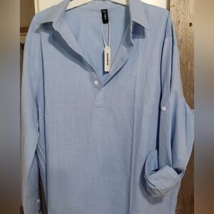 Ouku Mens XL Linen/cotton,relaxed,half Button,vacation Shirt,blue,beach